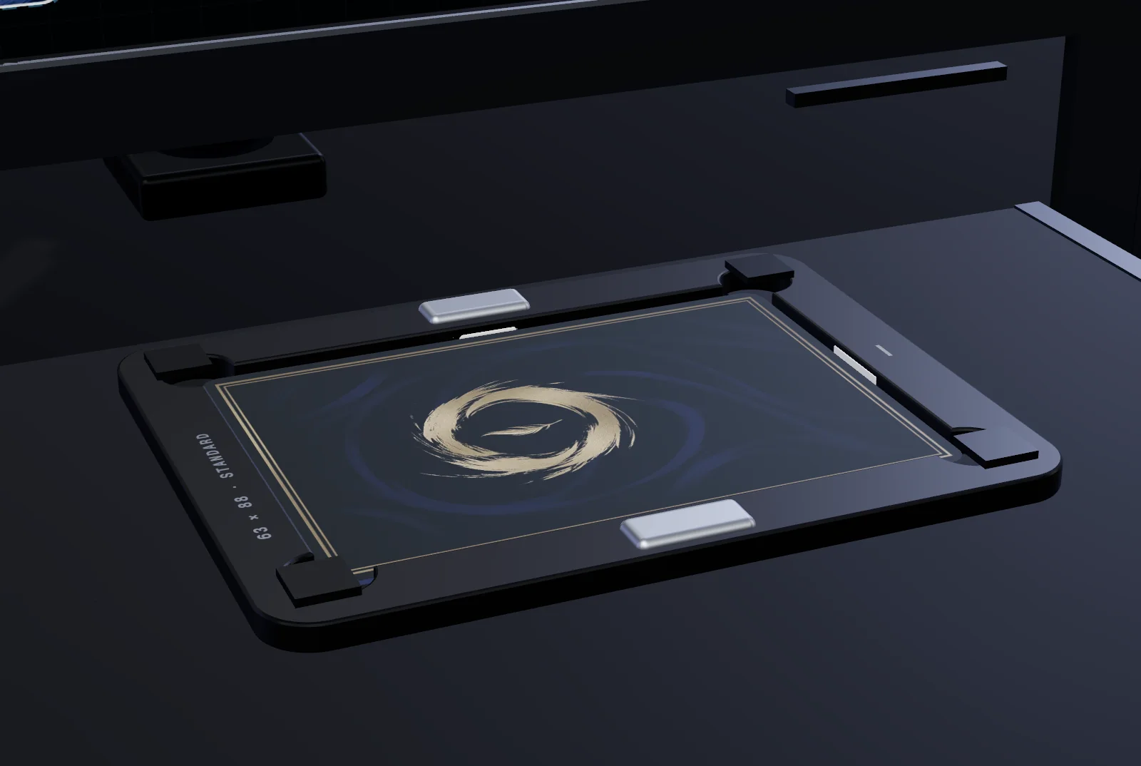 Close-up 3D render of the cradle in the open drawer: a card held by its edges in an open black anodized frame, with two white PTFE-tipped clamps and round reliefs at all four corners