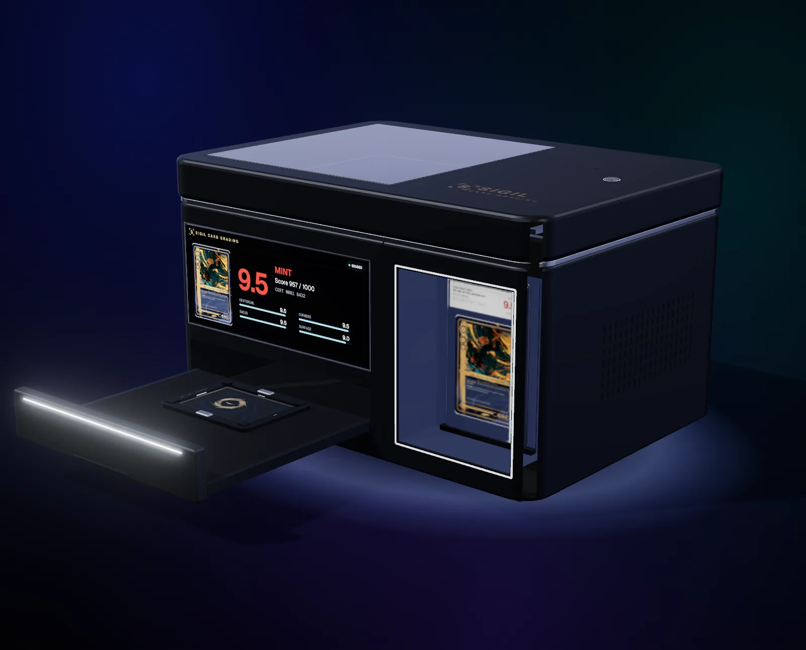 3D render of the station from the right: the input drawer open with a card in its cradle, the display showing grade 9, and the sealed slab standing in its lit bay