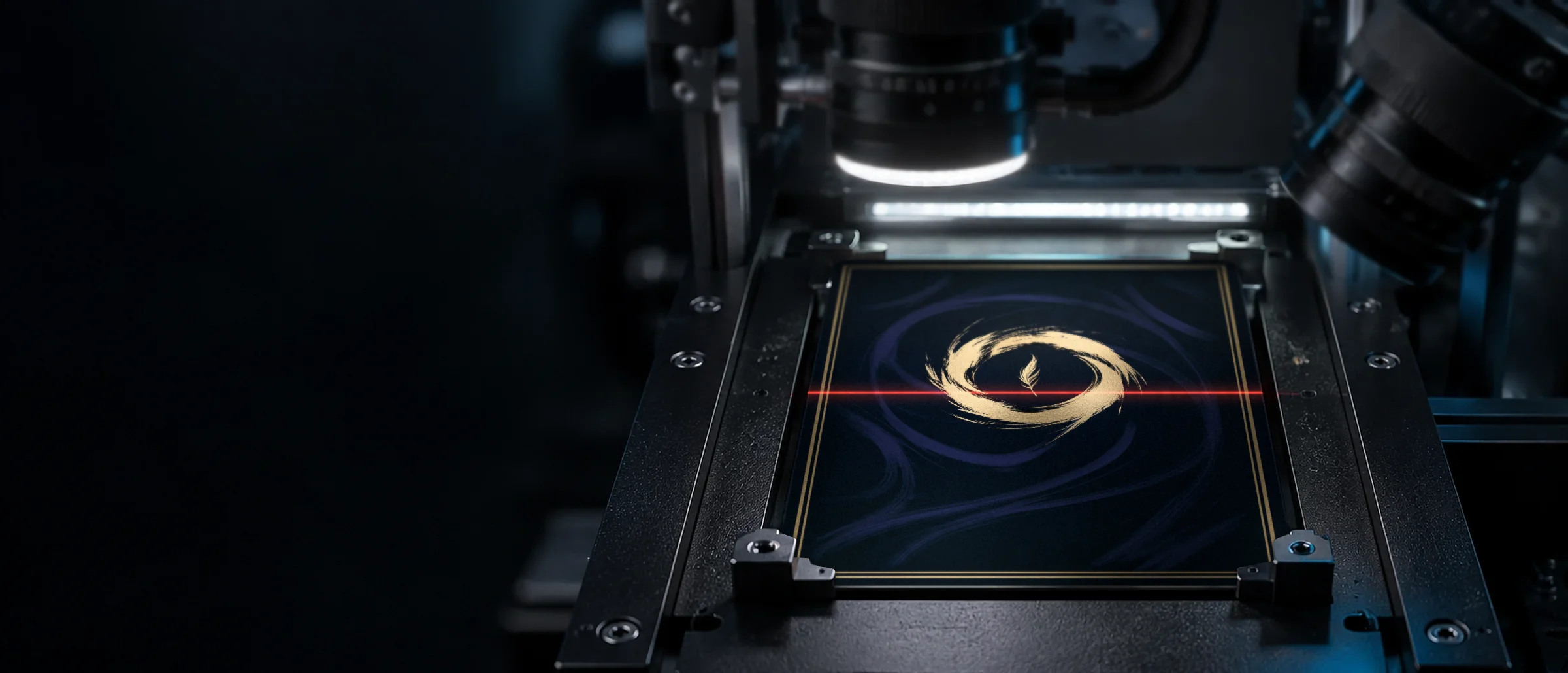 Concept image inside the station: a card held by its corners in the inspection cradle, under the main camera's ring light and a second angled camera, with a low light bar raking across it and a red laser line
