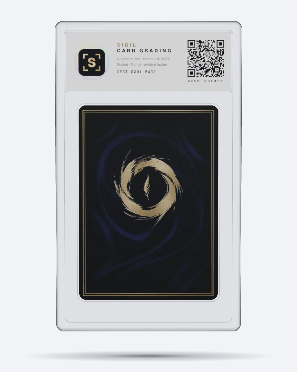 The sealed Sigil slab, back: the card back and a label with the holographic seal, station number and a QR code to the report