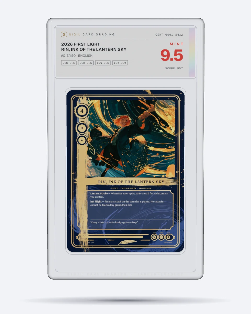 The sealed Sigil slab, front: the card Rin, Ink of the Lantern Sky under clear acrylic, with a label showing the certificate number, card details, sub-grades, MINT 9.5 and score 957